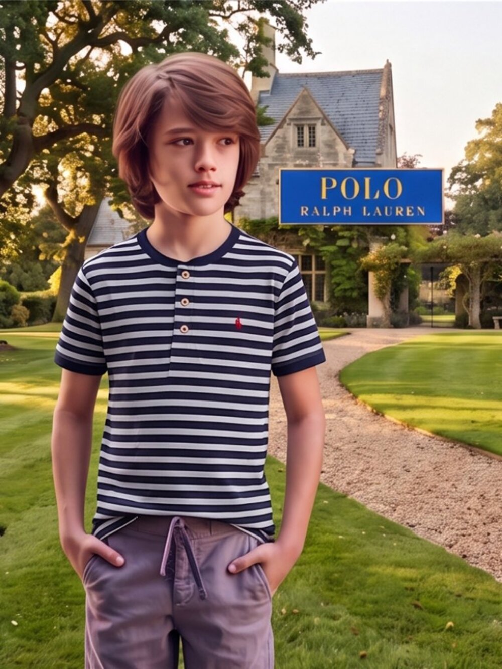 Boys' Collarless Polo Shirt: black-and-white striped